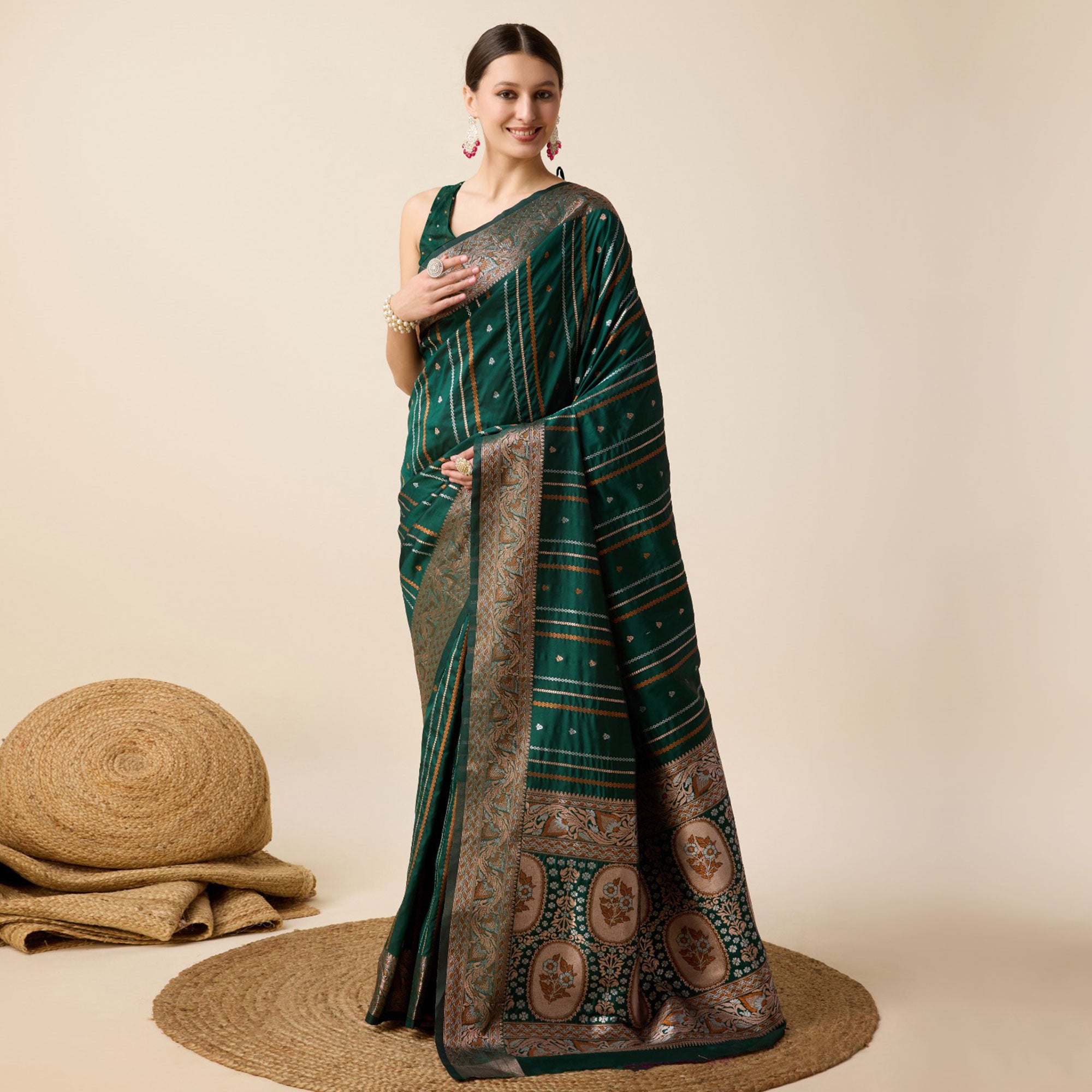 Green Floral Woven Pure Silk Saree