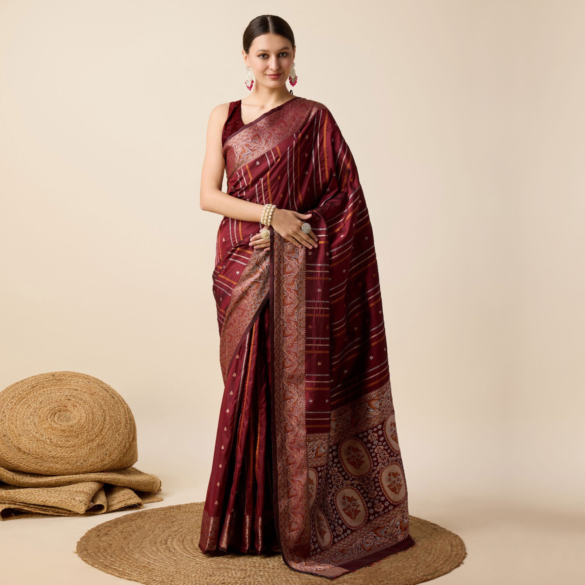 Maroon Floral Woven Pure Silk Saree