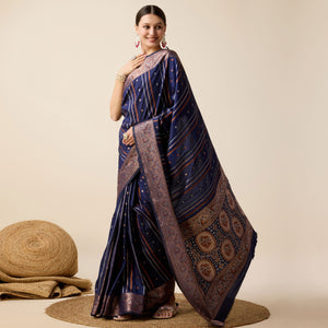 Navy Blue Floral Woven Pure Silk Saree