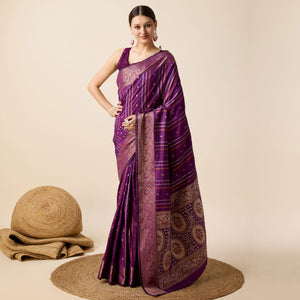 Purple Floral Woven Pure Silk Saree