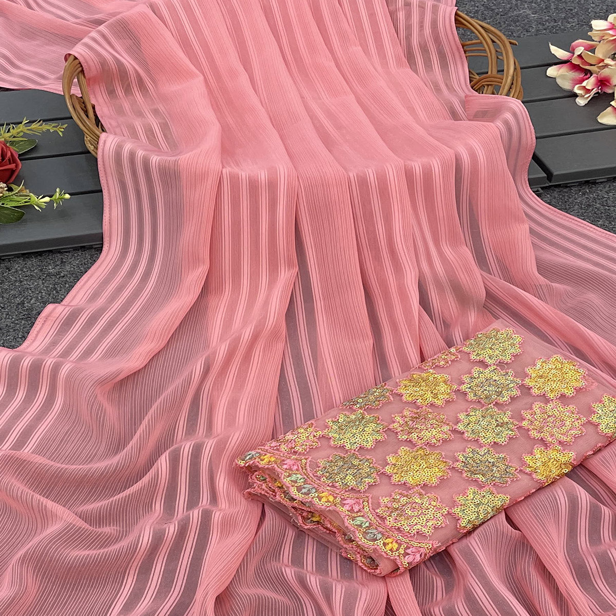 Peach Zari Striped Woven Georgette Saree