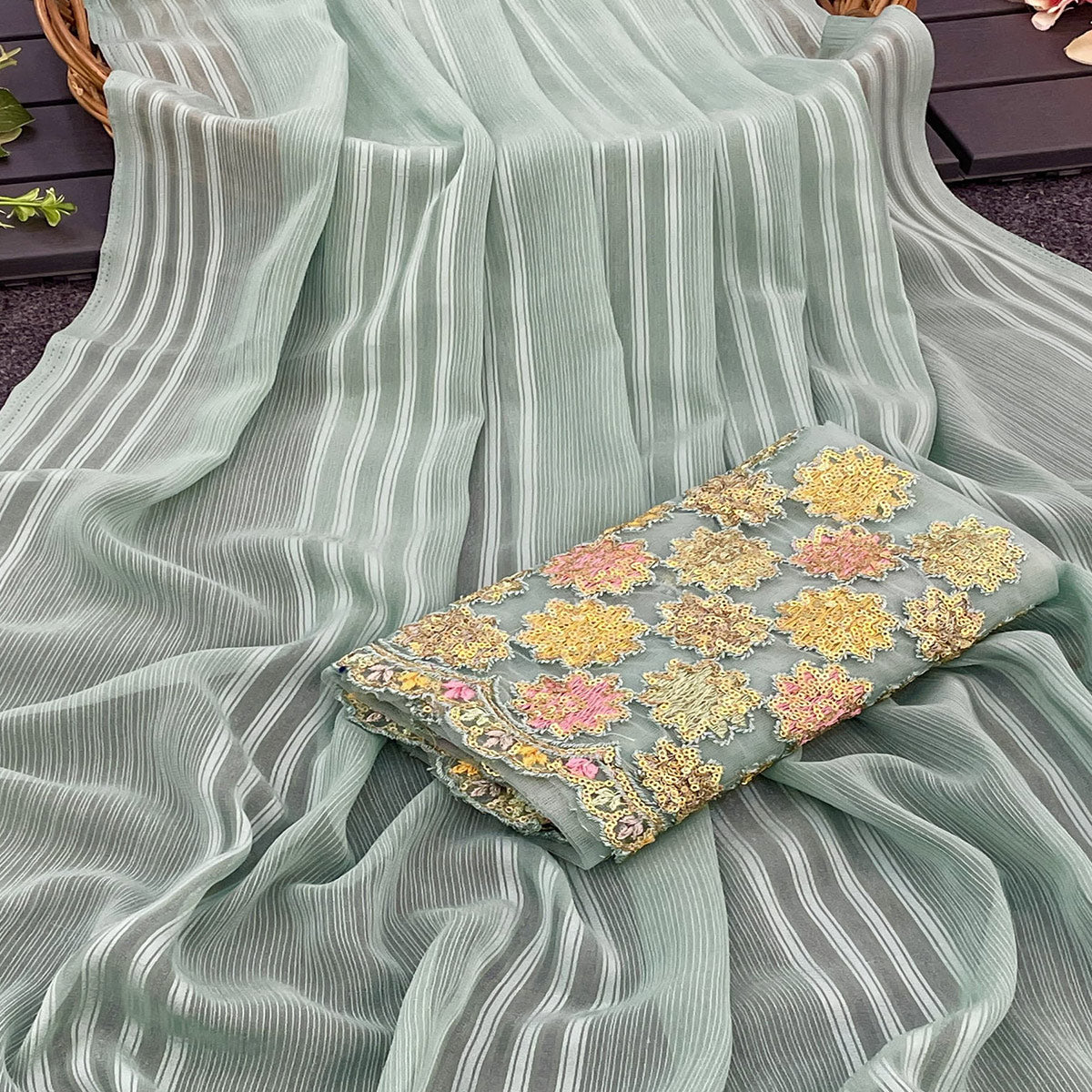Sea Green Zari Striped Woven Georgette Saree