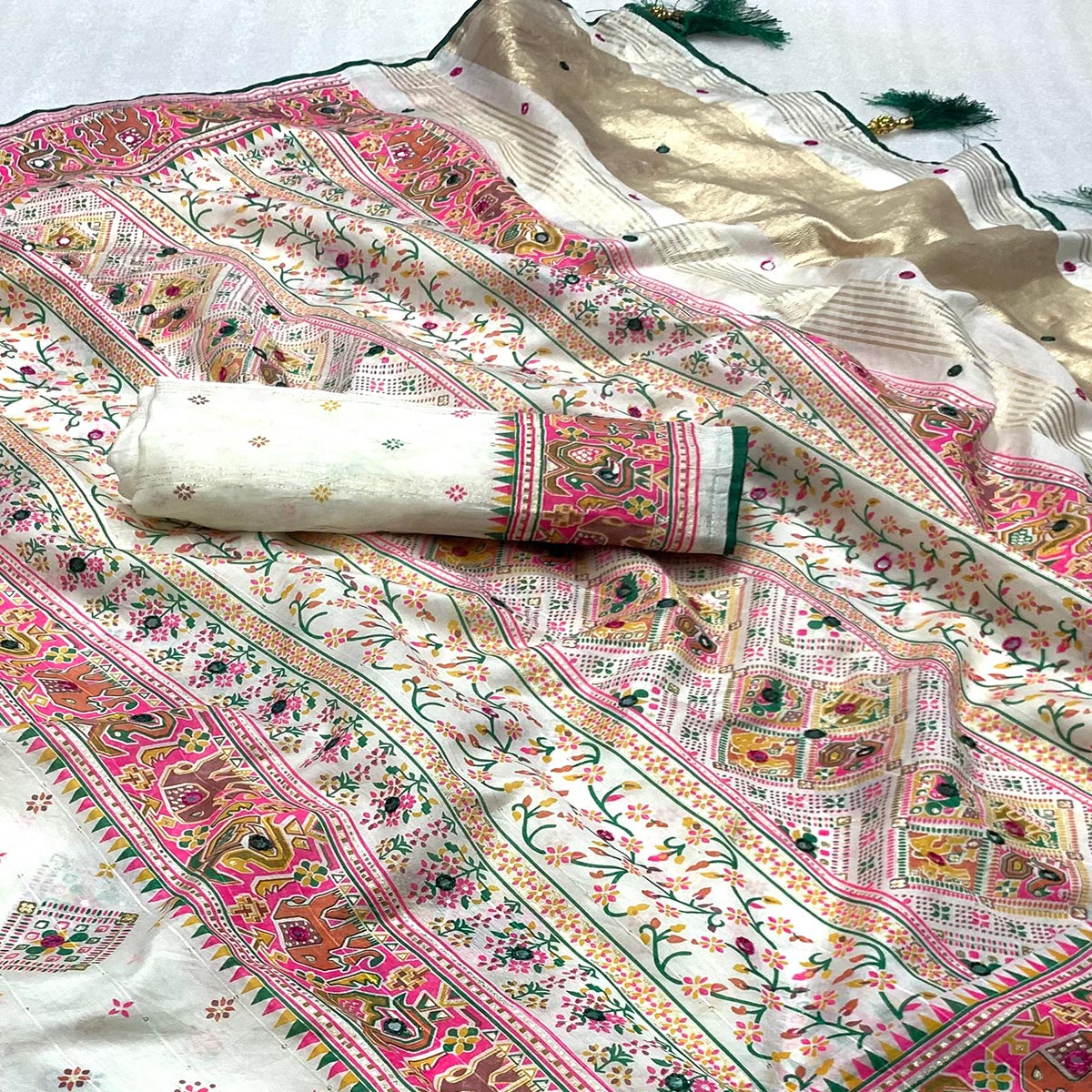 White Floral Printed Cotton Silk Patola Saree