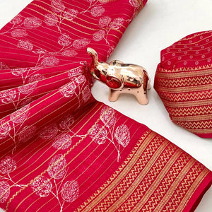 Elegant Cherry Red Floral & Striped Pattern Zari Weaving Dola Silk Saree