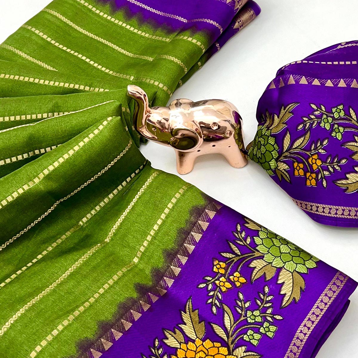 Elegant Green Floral & Striped Pattern Zari Weaving Dola Silk Saree