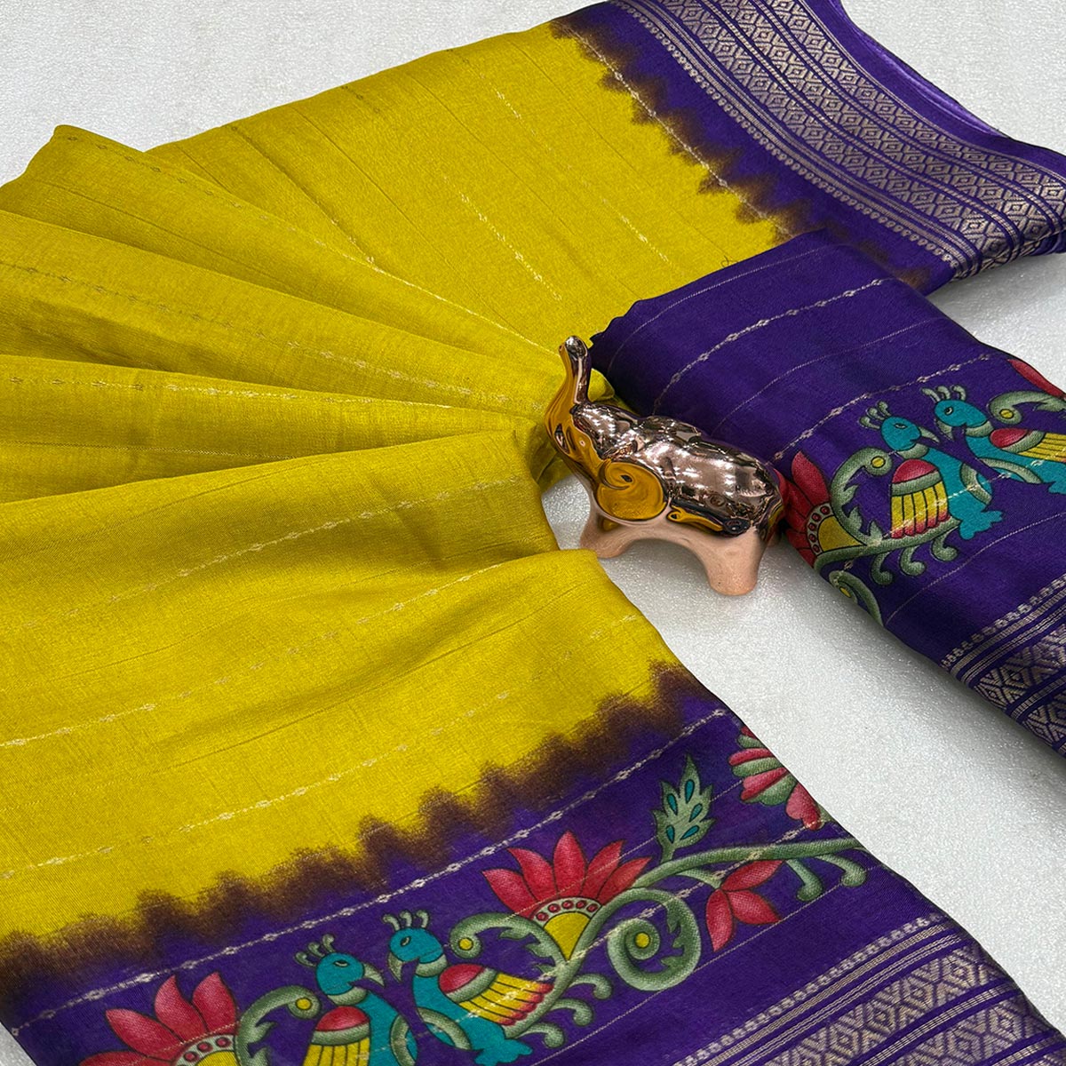 Elegant Lemon Yellow Floral & Striped Pattern Zari Weaving Dola Silk Saree