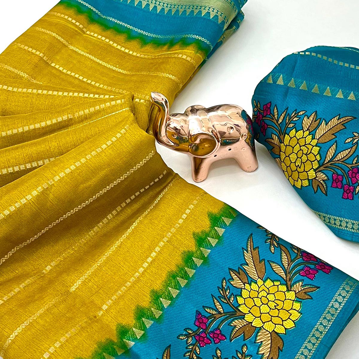 Elegant Mustard Floral & Striped Pattern Zari Weaving Dola Silk Saree