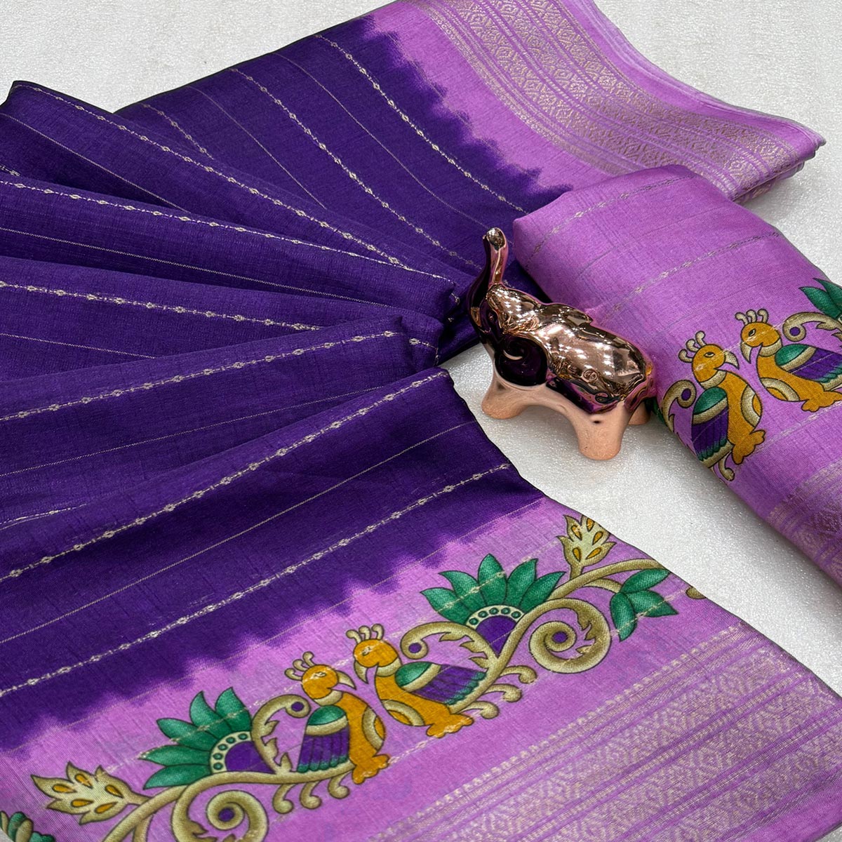 Elegant Purple Floral & Striped Pattern Zari Weaving Dola Silk Saree