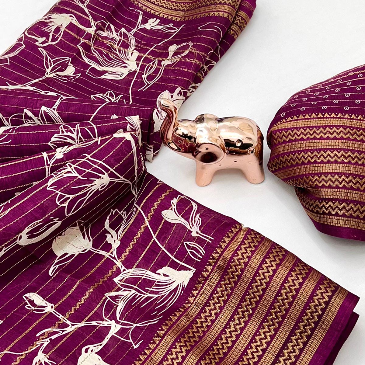 Elegant Wine Floral & Striped Pattern Zari Weaving Dola Silk Saree