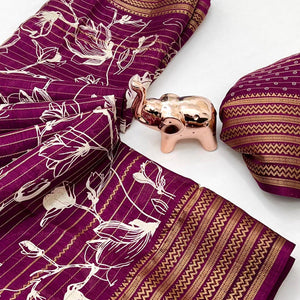 Elegant Wine Floral & Striped Pattern Zari Weaving Dola Silk Saree