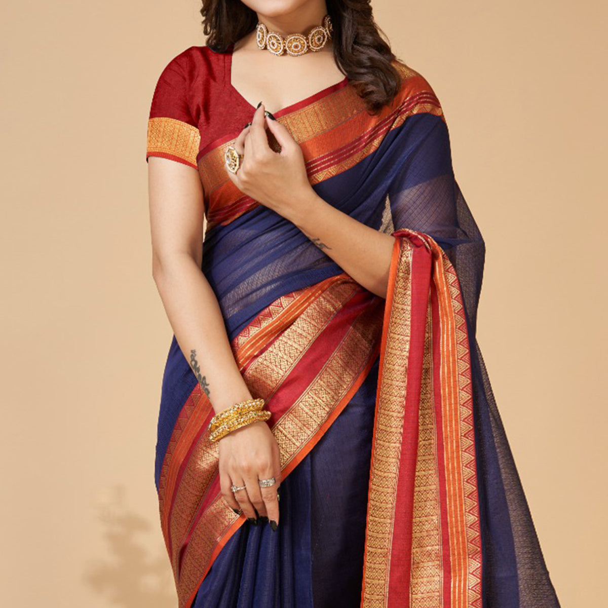 Navy Blue Woven Kota Doria Saree