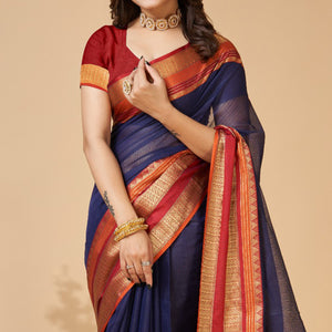 Navy Blue Woven Kota Doria Saree