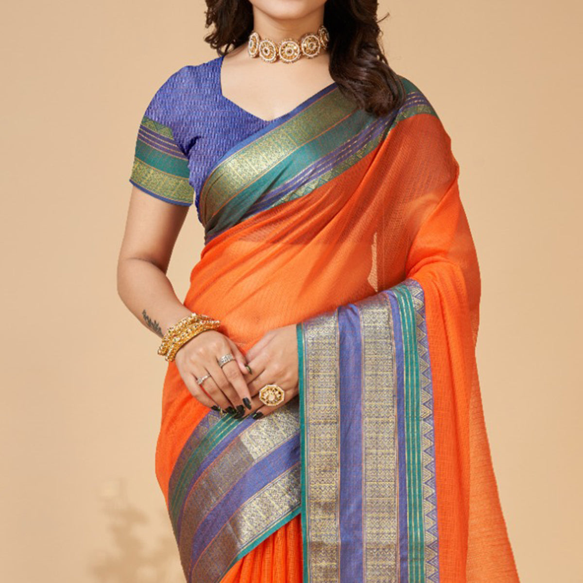 Orange Woven Kota Doria Saree
