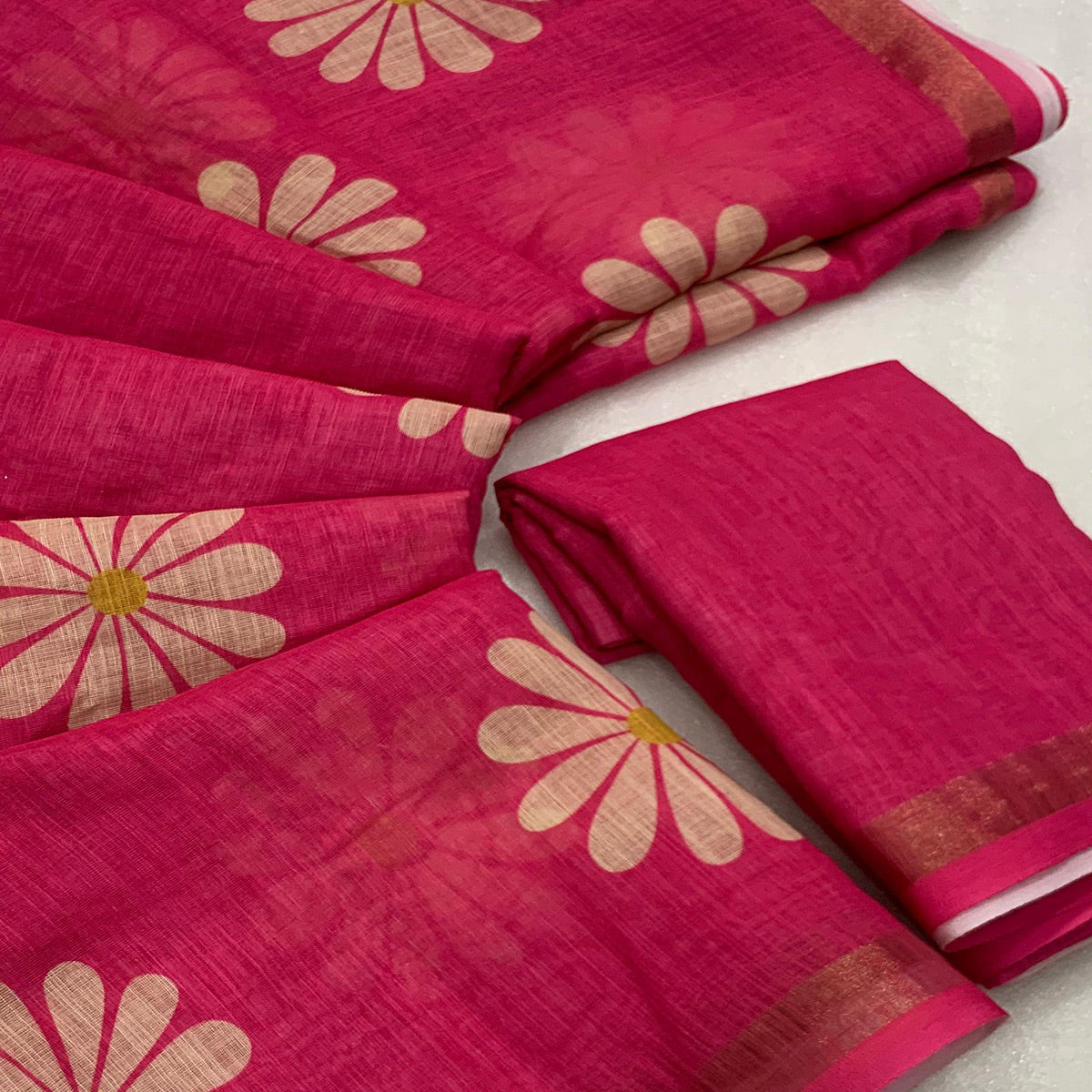 Pink Floral Printed Linen Silk Saree With Tassels