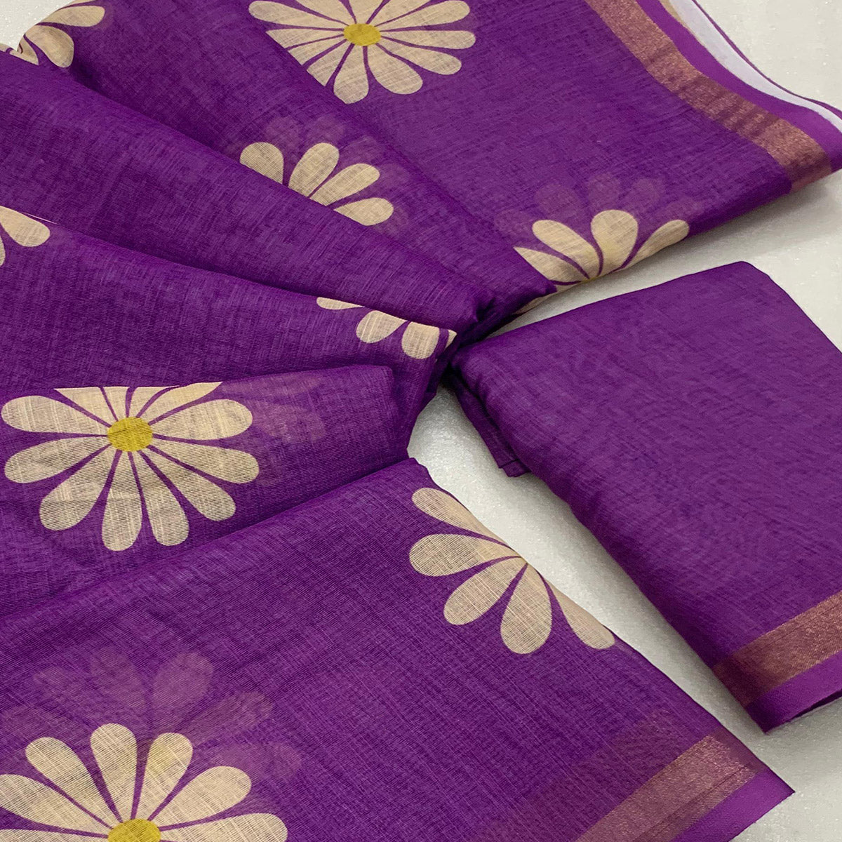 Purple Floral Printed Linen Silk Saree With Tassels