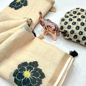 Graceful Cream Floral Printed Saree in Linen Silk with Delicate Tassel Accents