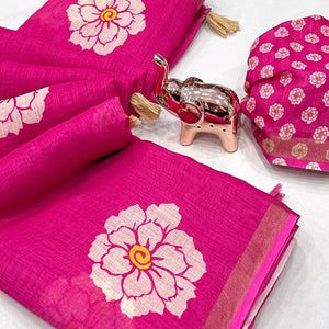Graceful Rani Pink Floral Printed Saree in Linen Silk with Delicate Tassel Accents