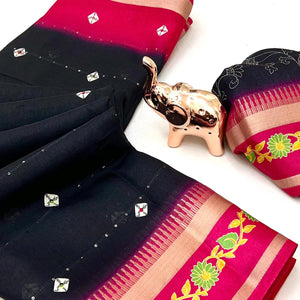 Stylish Black Cotton Blend Saree Featuring Bandhani & Floral Prints With Sparkling Sequins