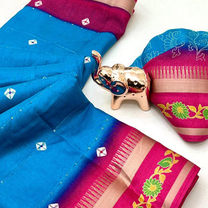 Stylish Blue Cotton Blend Saree Featuring Bandhani & Floral Prints With Sparkling Sequins