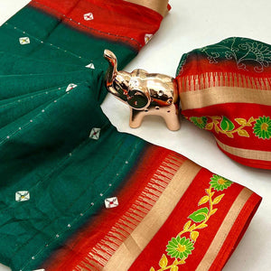 Stylish Green Cotton Blend Saree Featuring Bandhani & Floral Prints With Sparkling Sequins