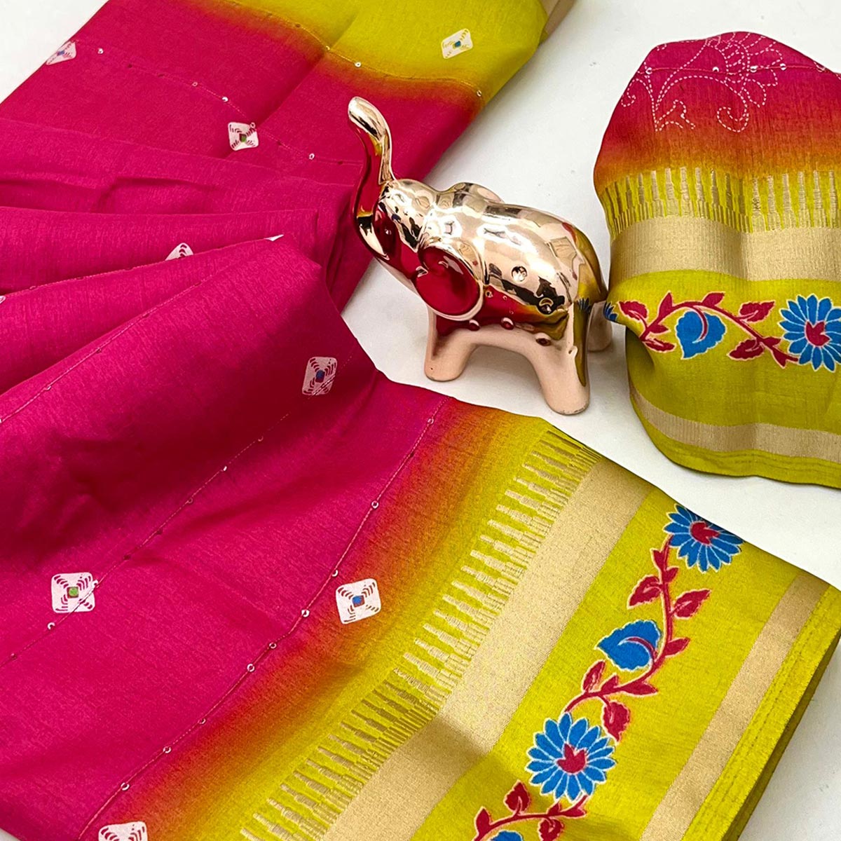 Stylish Rani Pink Cotton Blend Saree Featuring Bandhani & Floral Prints With Sparkling Sequins