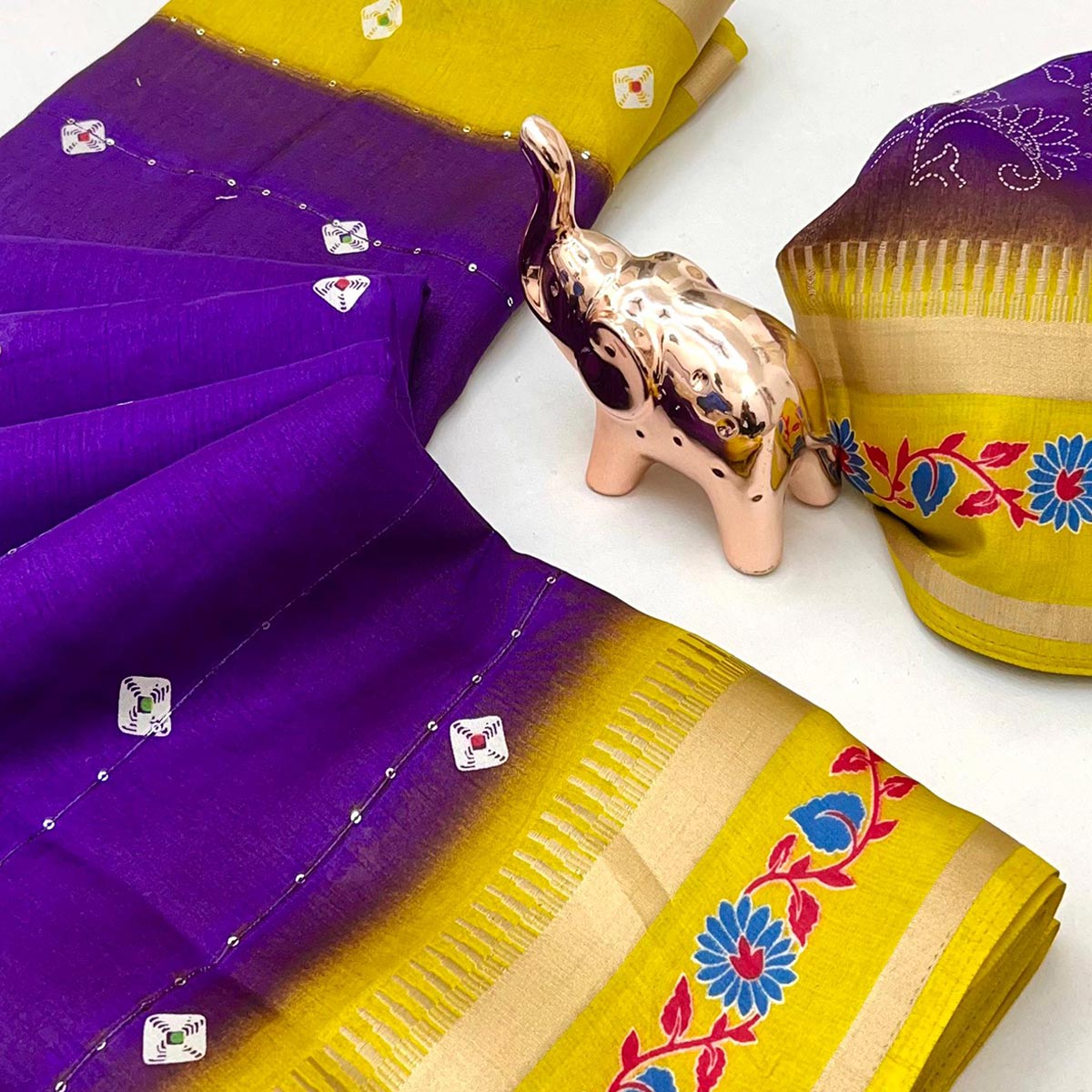 Stylish Roayl Purple Cotton Blend Saree Featuring Bandhani & Floral Prints With Sparkling Sequins