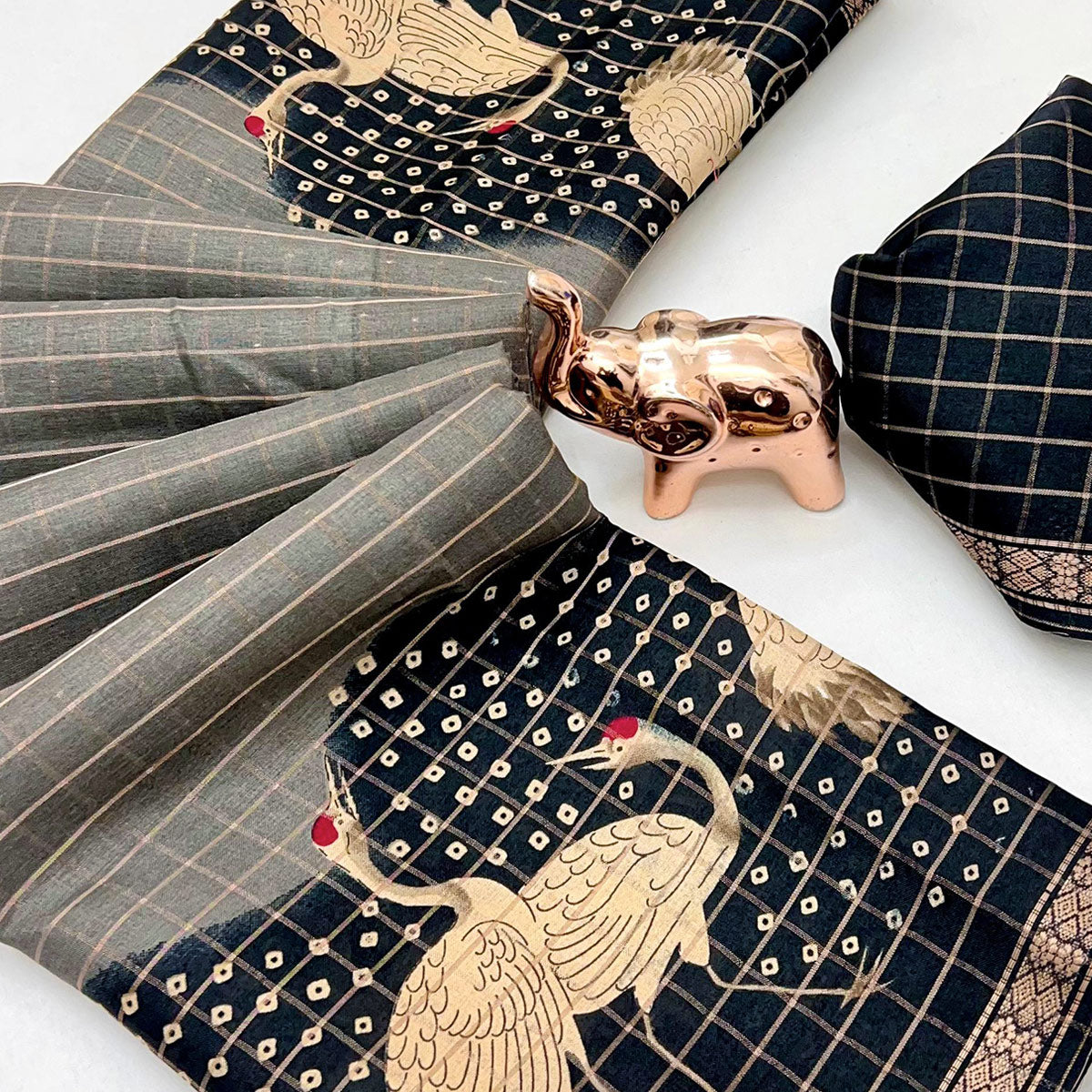 Elegant Grey & Black Checks Weaving Tussar Silk Blend Saree Adorned With Artistic Bird Prints