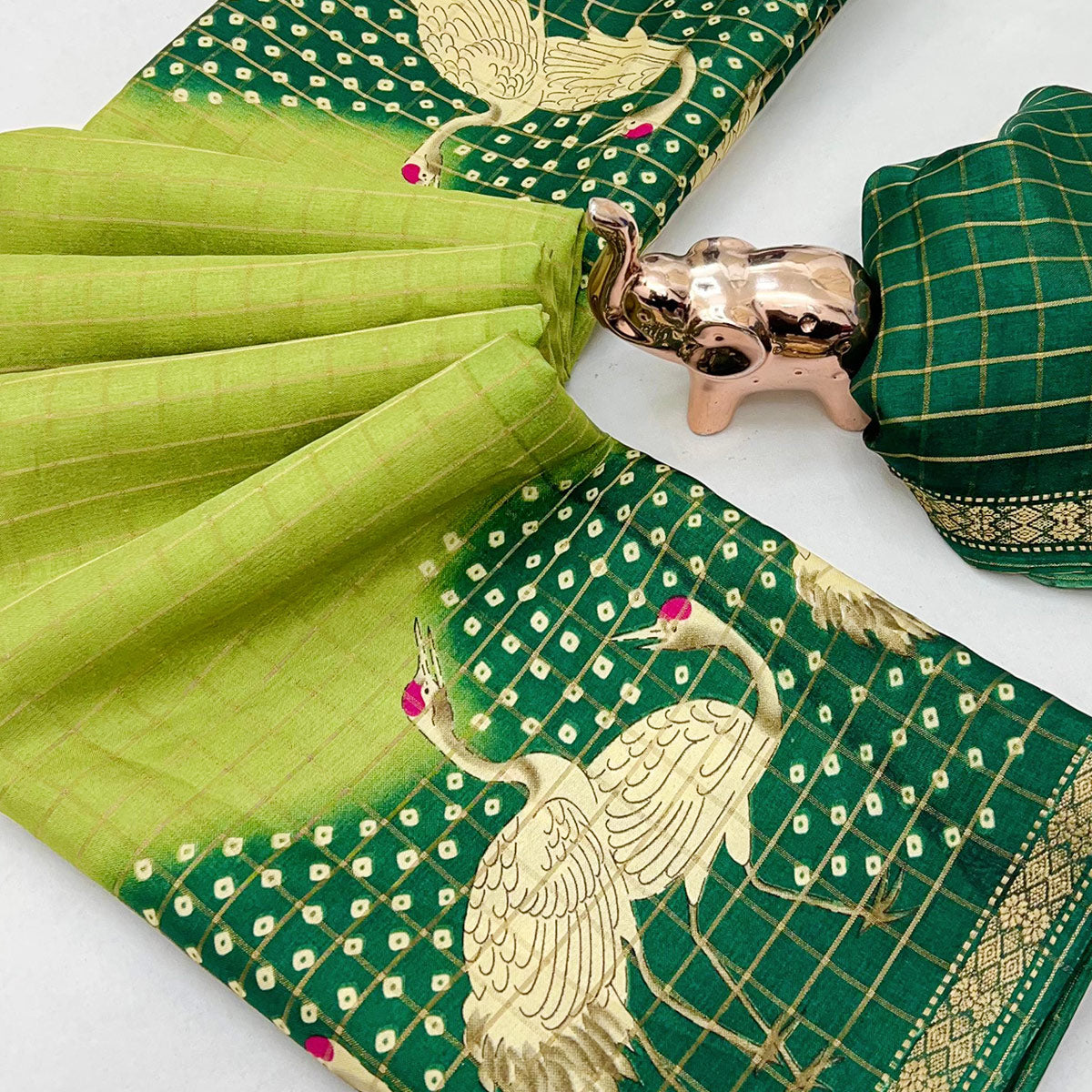 Elegant Parrot Green Checks Weaving Tussar Silk Blend Saree Adorned With Artistic Bird Prints