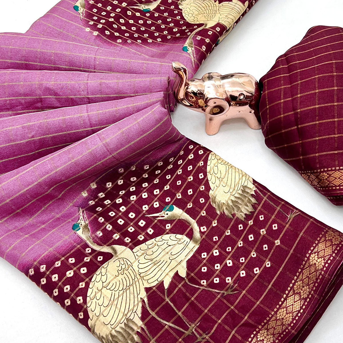 Elegant Purple & Wine Checks Weaving Tussar Silk Blend Saree Adorned With Artistic Bird Prints