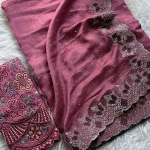Elegant Mauve Vichitra Silk Saree Adorned with Sparkling Swarovski Work & Jarkan Border