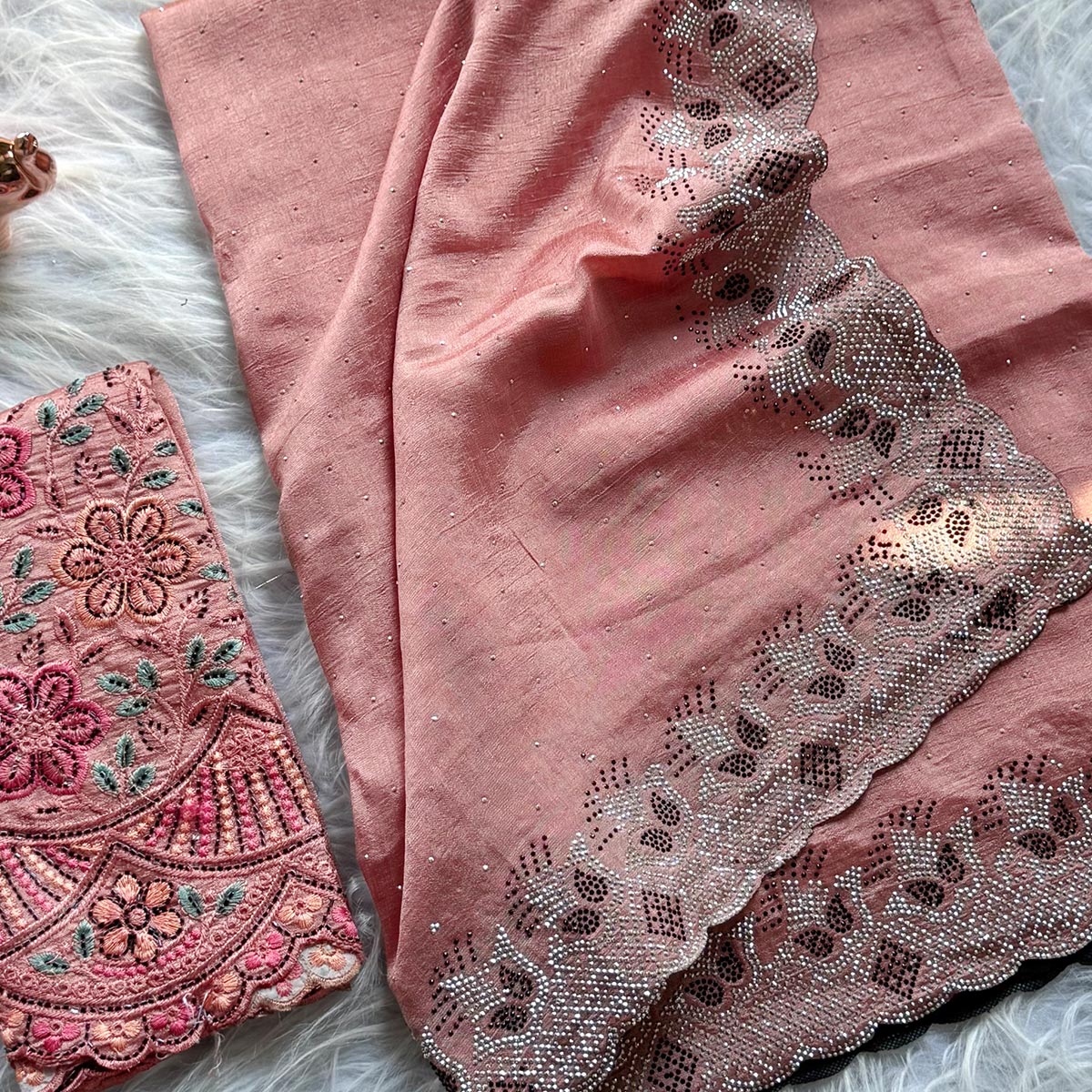 Elegant Peach Vichitra Silk Saree Adorned with Sparkling Swarovski Work & Jarkan Border