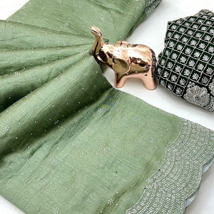 Green Shimmering Swarovski Embroidered Vichitra Silk Saree