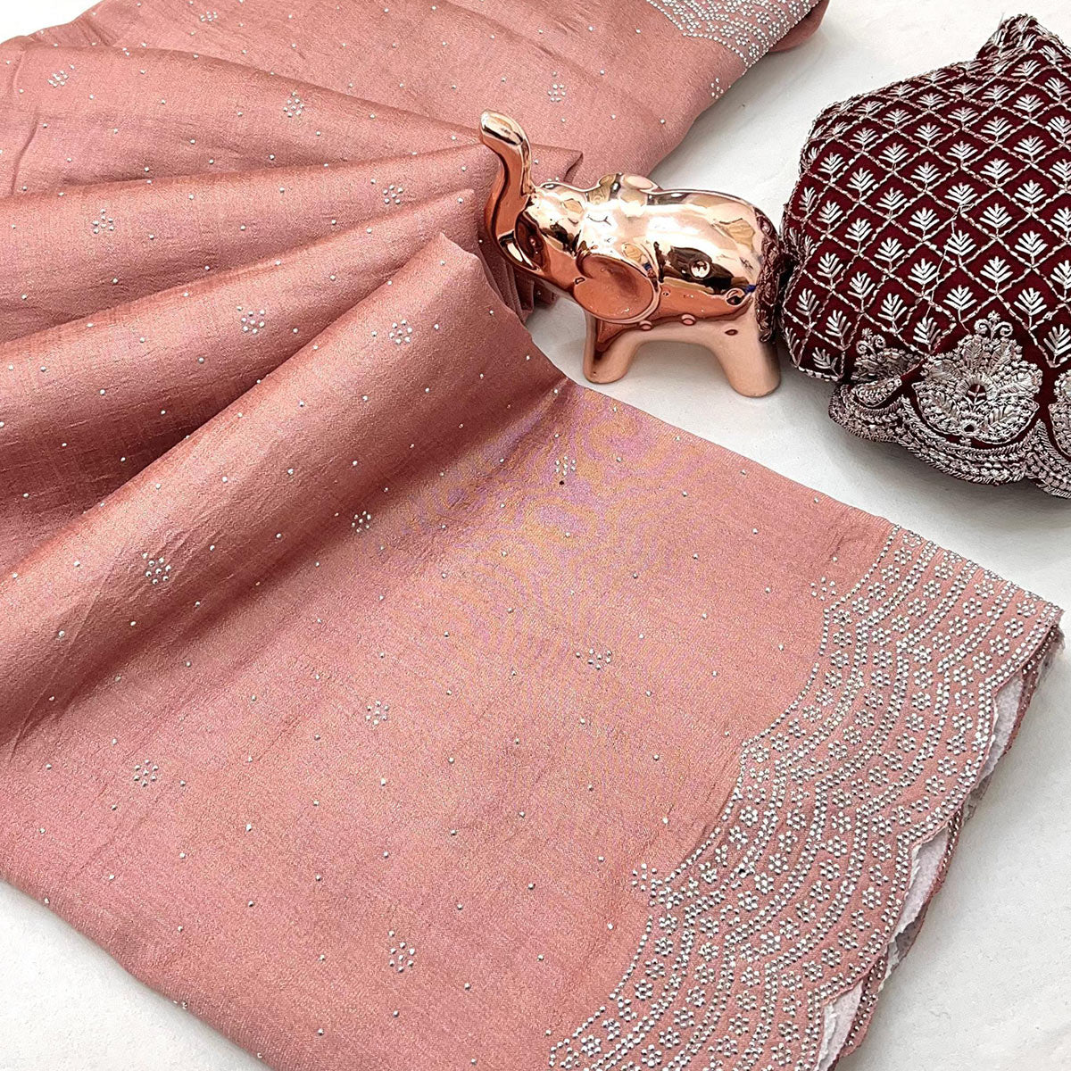 Peach Shimmering Swarovski Embroidered Vichitra Silk Saree