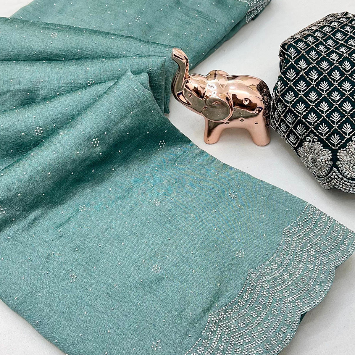 Sea Green Shimmering Swarovski Embroidered Vichitra Silk Saree