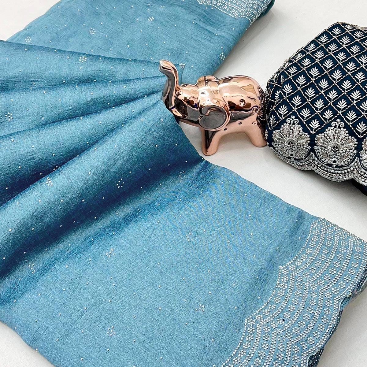 Sky Blue Shimmering Swarovski Embroidered Vichitra Silk Saree