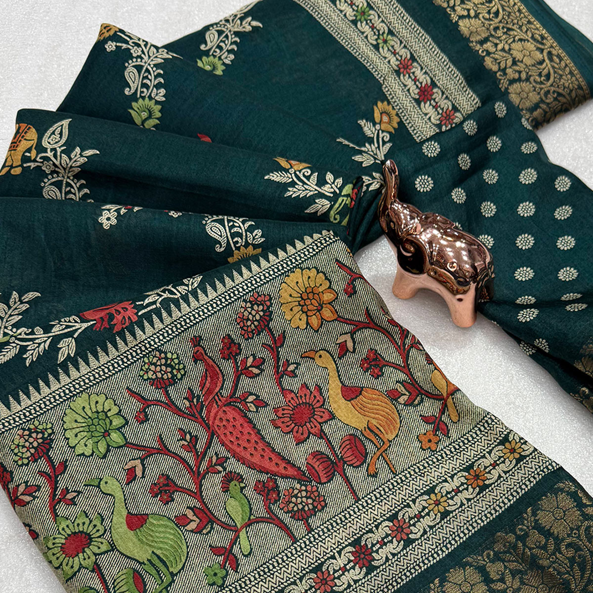 Designer Morpich Green Dola Silk Saree Featuring Intricate Floral Zari Weaving