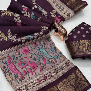 Designer Wine Dola Silk Saree Featuring Intricate Floral Zari Weaving