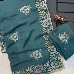 Stunning Dusty Turquoise Georgette Saree with Floral Zari Embroidery & Ornate Cutwork Border
