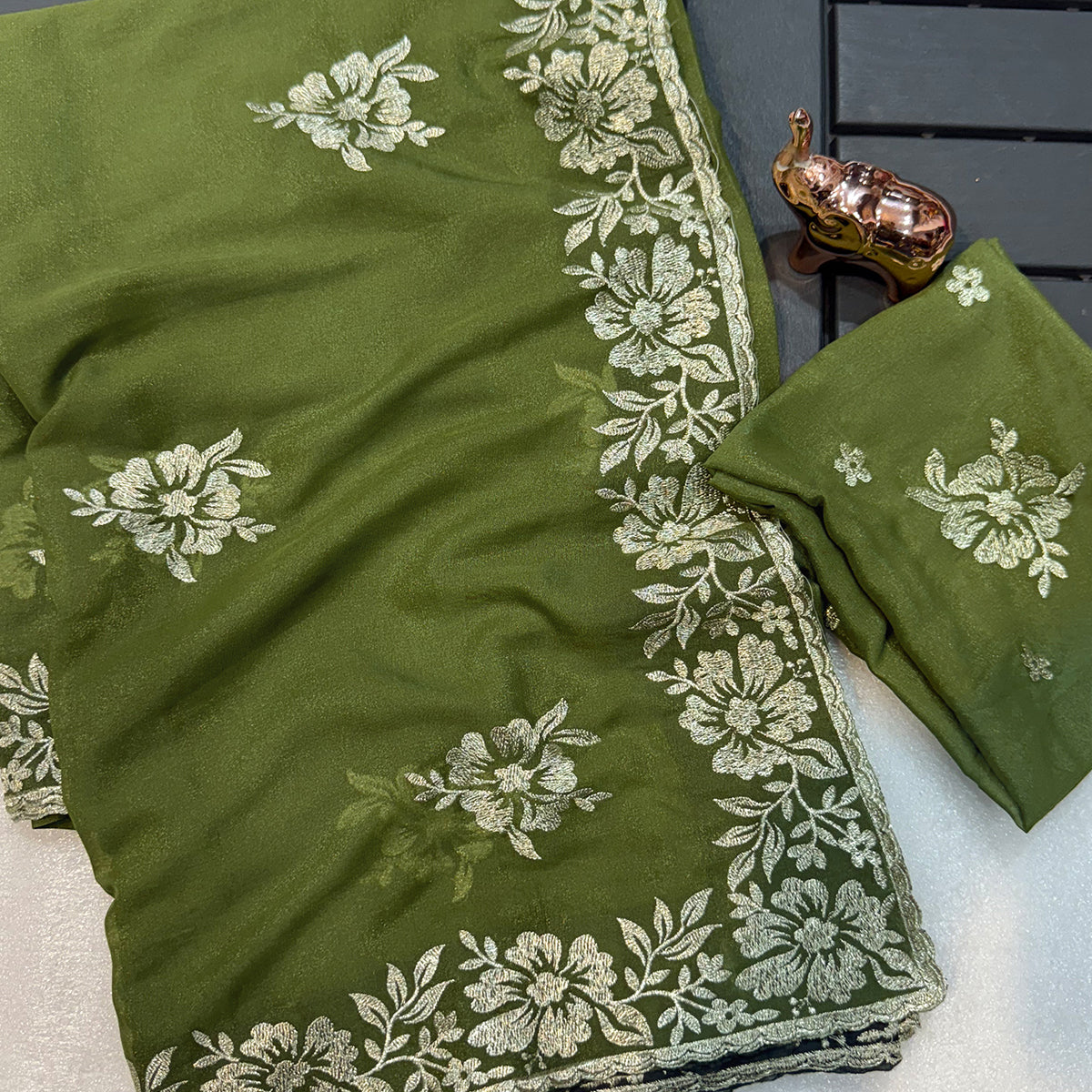Stunning Green Georgette Saree with Floral Zari Embroidery & Ornate Cutwork Border