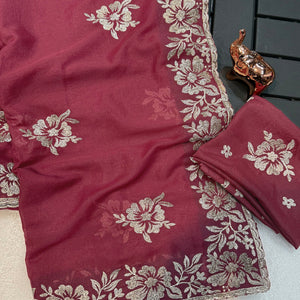 Stunning Light Maroon Georgette Saree with Floral Zari Embroidery & Ornate Cutwork Border