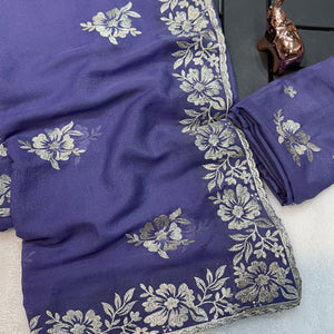 Stunning Majorelle Blue Georgette Saree with Floral Zari Embroidery & Ornate Cutwork Border