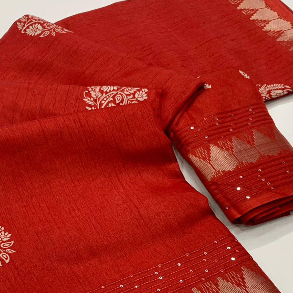 Red Floral Printed Dola Silk Saree With Sequins Border