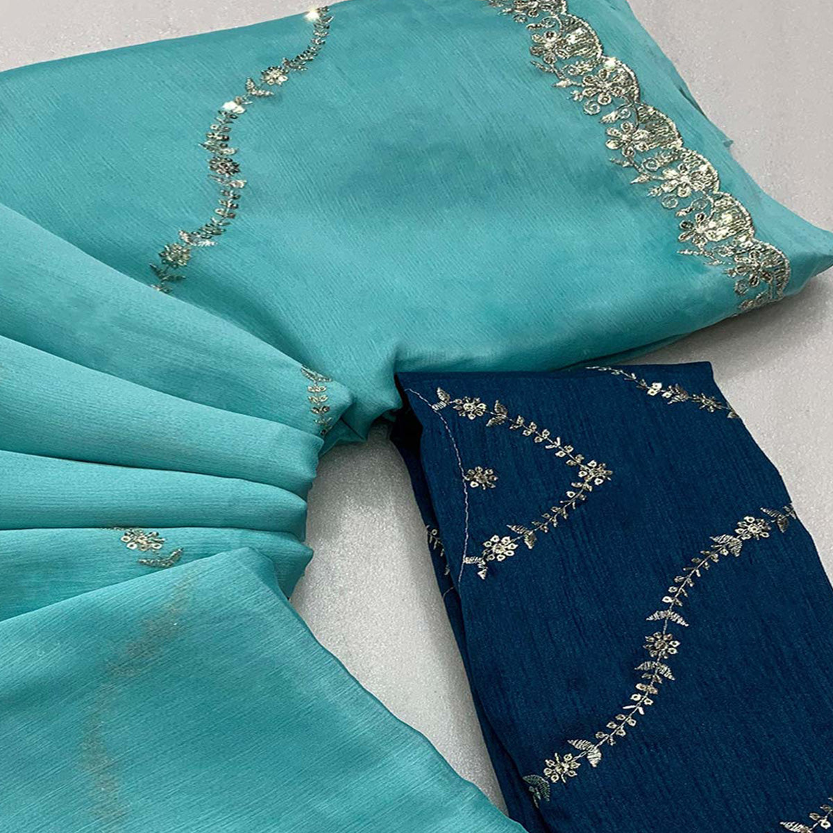 Blue Floral Sequins Embroidered Chiffon Saree