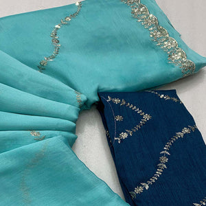 Blue Floral Sequins Embroidered Chiffon Saree