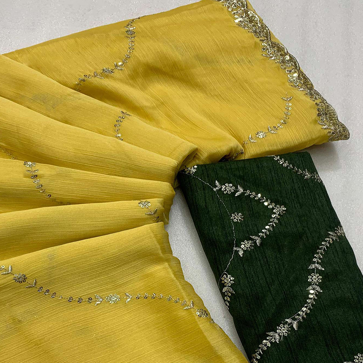 Yellow Floral Sequins Embroidered Chiffon Saree
