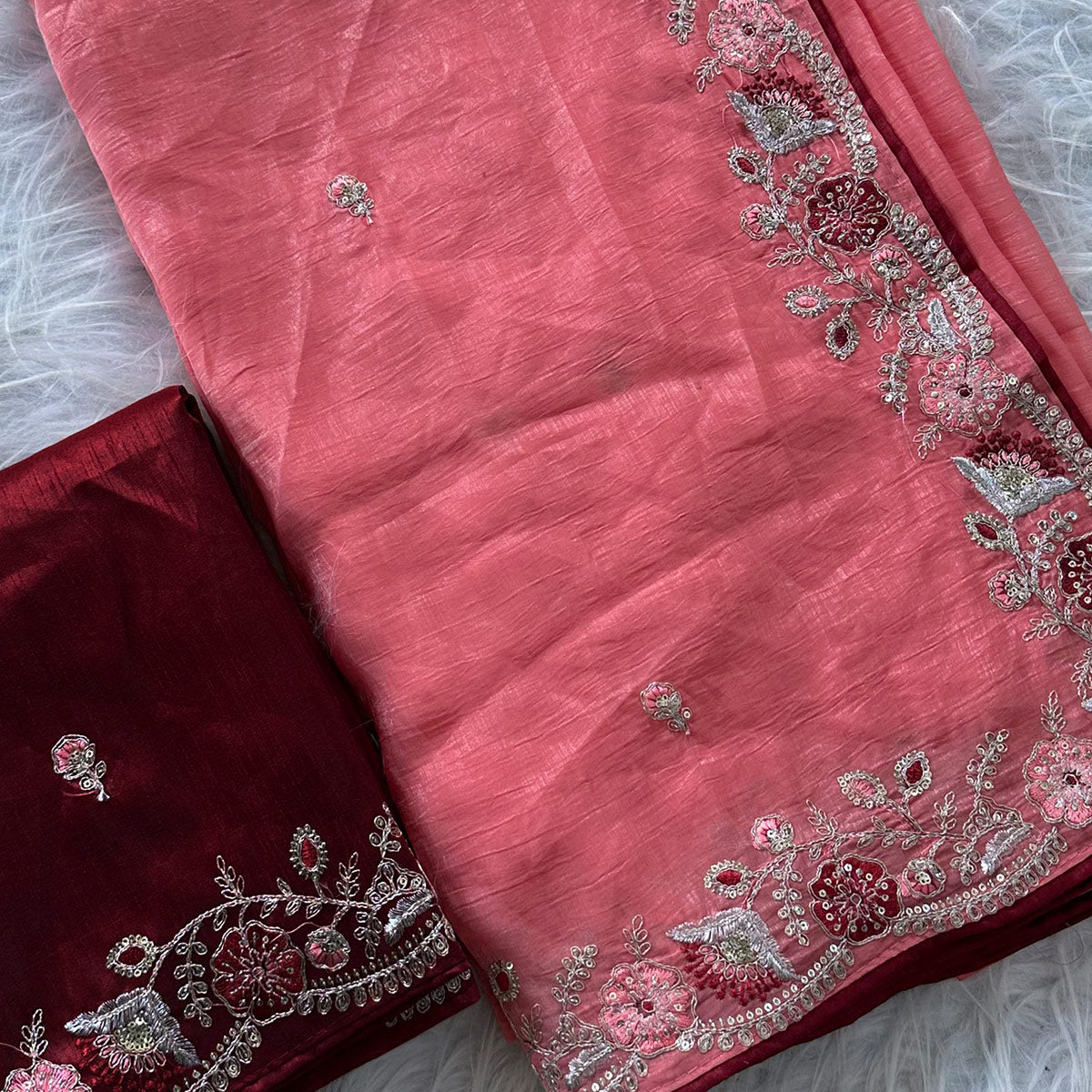 Peach Pure Silk Saree Showcasing Floral Sequins Embroidery With A Decorative Tassel Pallu