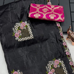 Stunning Black Floral Embroidery & Swarovski Adorned Paper Silk Saree with Cutwork Border