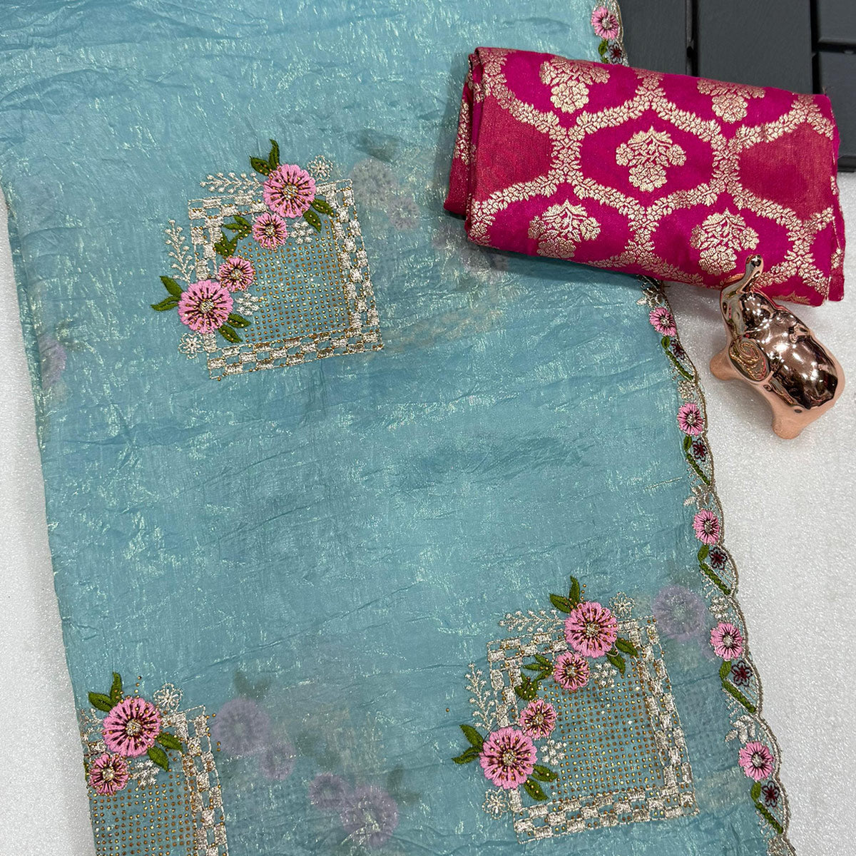 Stunning Blue Floral Embroidery & Swarovski Adorned Paper Silk Saree with Cutwork Border