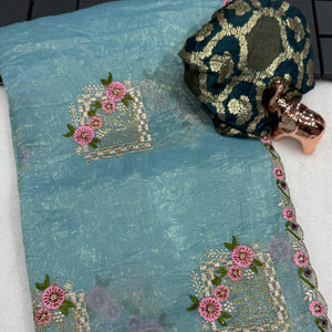 Stunning Blue Floral Embroidery & Swarovski Adorned Paper Silk Saree with Cutwork Border