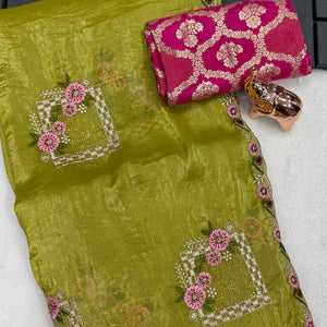 Stunning Olive Floral Embroidery & Swarovski Adorned Paper Silk Saree with Cutwork Border